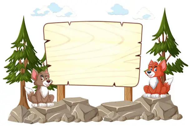 Vector illustration of Cartoon wolves by a wooden sign in the woods