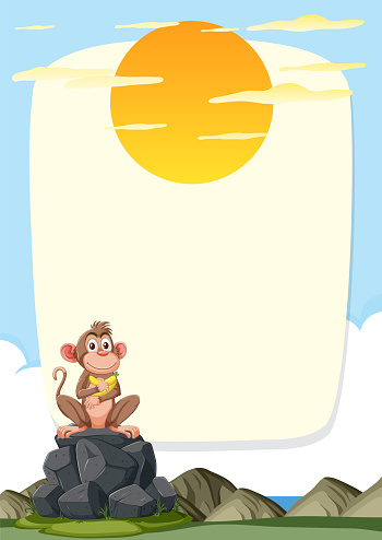 Happy monkey sitting on stones with sunny backdrop