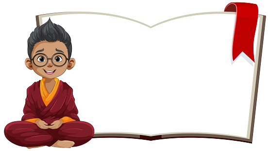 Cartoon of a child monk studying a large book