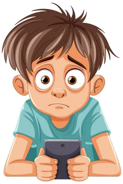 Vector illustration of Cartoon of surprised boy staring at phone screen