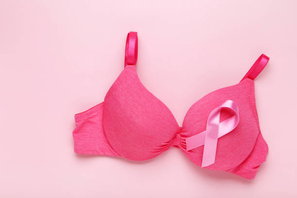 istock Ribbon with female bra on pink background 2129692098