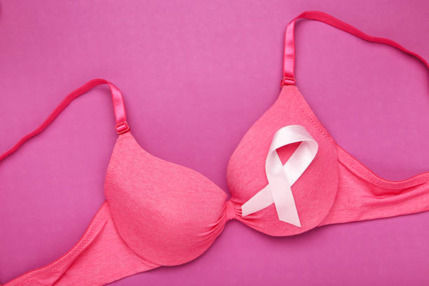 istock Ribbon with female bra on pink background 2129699123