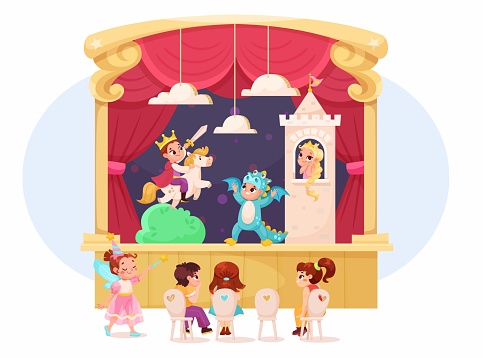 Children in Theater Play Performance Wearing Costumes Performing on Stage Vector Illustration. Little Kids Acting in Entertainment Show