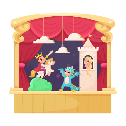 Children in Theater Play Performance Wearing Costumes Performing on Stage Vector Illustration. Little Kids Acting in Entertainment Show