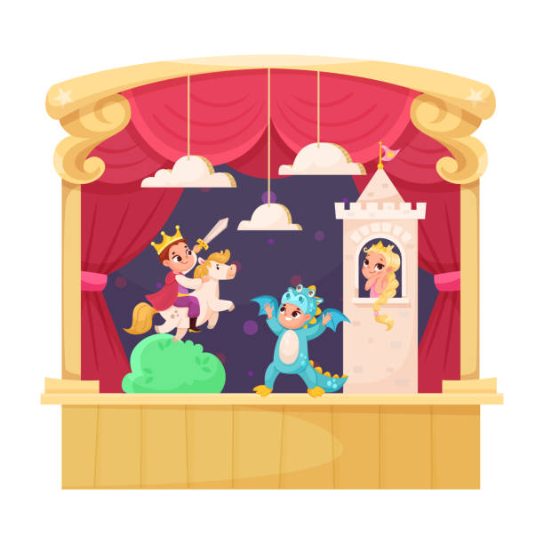 Children in Theater Play Performance Wearing Costumes Performing on Stage Vector Illustration Children in Theater Play Performance Wearing Costumes Performing on Stage Vector Illustration. Little Kids Acting in Entertainment Show cute entertainment stock illustrations