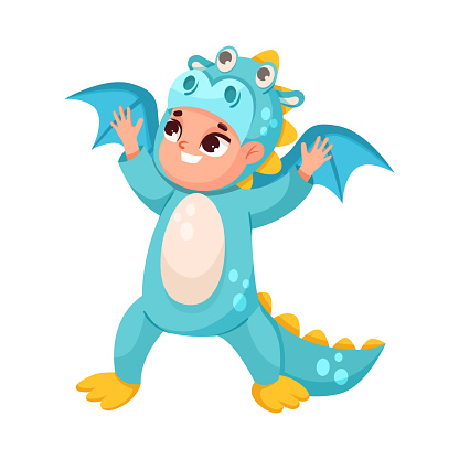 Little Boy in Theater Performance Wearing Dragon Costume Performing on Stage Vector Illustration. Cute Kid Acting in Entertainment Show