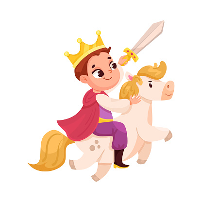 Little Boy in Theater Performance Wearing Prince Costume on Horse Performing on Stage Vector Illustration. Cute Kid Acting in Entertainment Show
