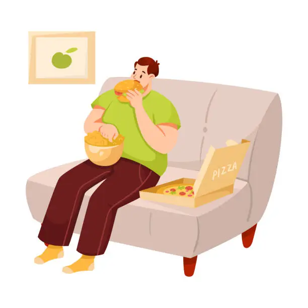 Vector illustration of Fat Man Character with Full Body and Obesity Sit on Sofa Eating Fast Food Vector Illustration
