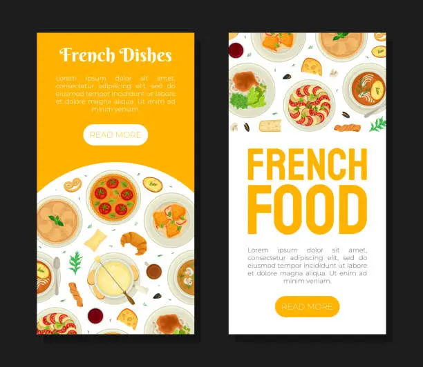 Vector illustration of French Cuisine Banner Design with Tasty Dish Top View Vector Template