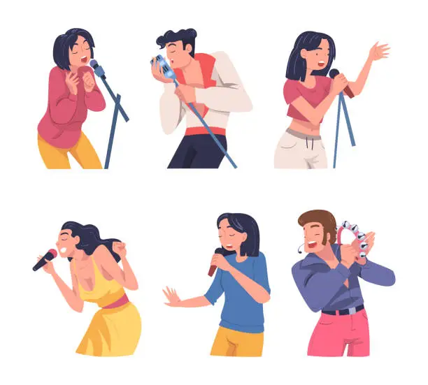 Vector illustration of Singers and Musician with Microphone Perform Music on Stage Vector Set