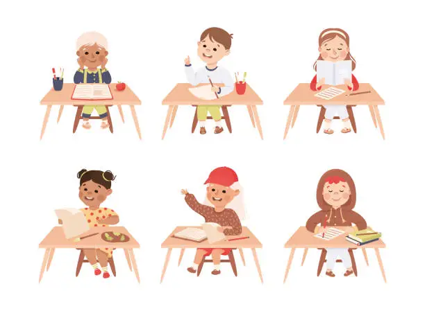 Vector illustration of Primary School Pupils Sitting at Tables with Book Engaged in Elementary Education Vector Set