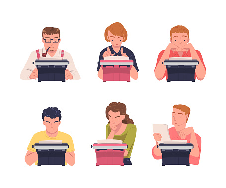 People Writer Character at Typewriter Writing Book Engaged in Creative Literary Work Vector Set. Young Man and Woman Author or Penman Typewriting Story