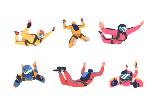Man Parachutist Skydiving and Free-falling in the Air Descenting on the Earth Vector Set Man Parachutist Skydiving and Free-falling in the Air Descenting on the Earth Vector Set. Male Engaged in Extreme Sport and Recreational Activity skydiving stock illustrations