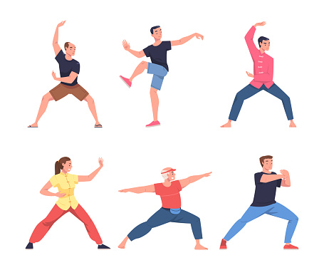 People Character Practicing Tai Chi and Qigong Exercise as Internal Chinese Martial Art Vector Illustration Set. Man and Woman Engaged in Physical Fitness with Fluent Movement for Defense Training and Health Benefits