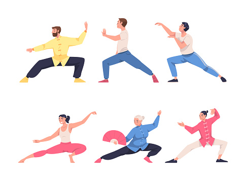 People Character Practicing Tai Chi and Qigong Exercise as Internal Chinese Martial Art Vector Illustration Set. Man and Woman Engaged in Physical Fitness with Fluent Movement for Defense Training and Health Benefits