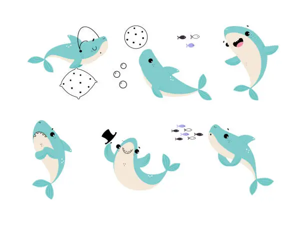 Vector illustration of Comic Blue Shark as Marine Animal Vector Set