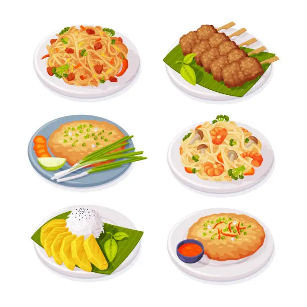 Vector illustration of Traditional Thai Food and Dish Served on Plate Vector Illustration Set