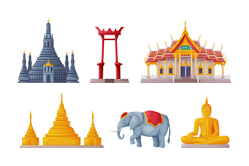 Thailand Symbols and Object with Building and Statue Vector Set. Cultural and Authentic Attribute of Siam Asian Country Concept