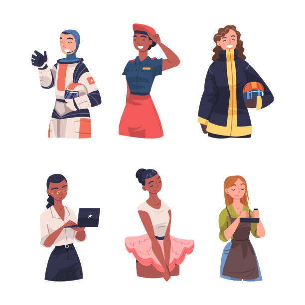 Young Woman Having Different Profession Wearing Uniform Vector Illustration Set Young Woman Having Different Profession Wearing Uniform Vector Illustration Set. Female Engaged in Professional Occupation as Career Equality Concept pics of the firefighter free stock illustrations