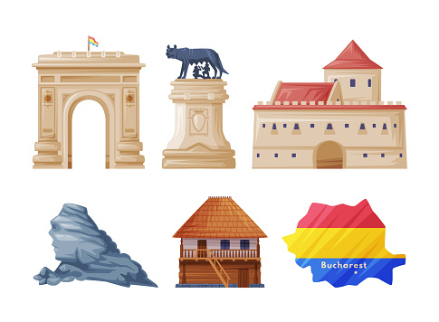 Romania Country Traditional Symbol and Object Vector Set. Famous Attribute and Landmark Concept