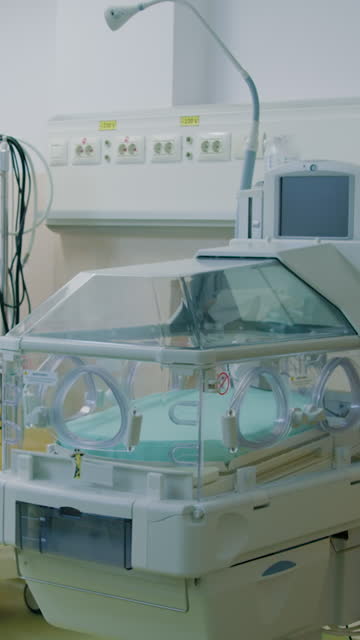 Vertical video within hospital's neonatal unit specialized incubator provides essential care for premature newborns. Incubator mimics womb's environment offering warmth and protection.