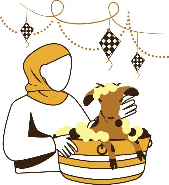 Vector illustration of Girl Giving Bath to Goat Before Sacrifice Day Concept, Indian Muslim Showing Love to domestic  animal Vector Design, Eid al-Adha Eid-ul-Kabir Symbol Hajj Sign, Muslims religious eve illustration