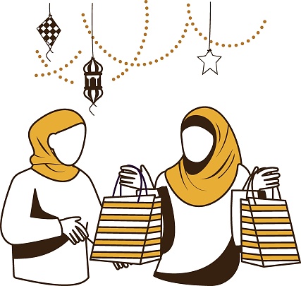 Asian Sisters Coming back Pre-Eid Shopping Concept, Muslim Females holding Shpping Bags on Chand Rat Vector Desig, Eid al Adha or Eid ul Kabir Symbol, Hajj Sign Muslims religious eve illustration