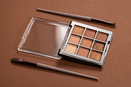 Natural colored eye shadow makeup palette with brush. Woman cosmetic and beauty product, eige color eyeshade pattern,