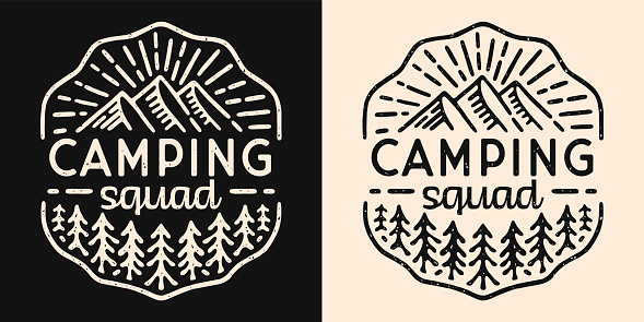 Camping squad crew group lettering camper badge emblem. Mountain forest lover retro vintage aesthetic illustration. Outdoorsy quotes for matching family friends trip shirt design print vector.
