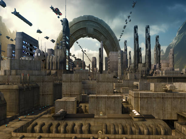 3d. Dystopian cityscape with flying spaceships