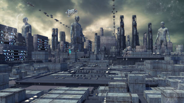 istock 3d. Dystopian cityscape with flying spaceships 2129728965