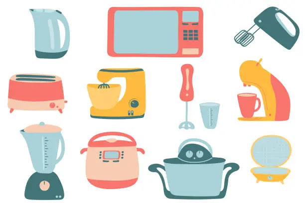 Vector illustration of Set of kitchen household electrical appliances.