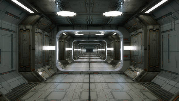 istock Infinite corridor inside a futuristic spaceship. 3D design 2129733704