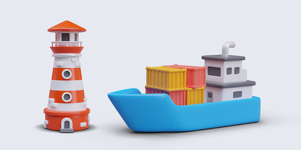 Striped lighthouse, blue barge with containers. 3D illustrations in cartoon style. Concept of cargo transportation across sea, ocean. Navigation for cargo ship