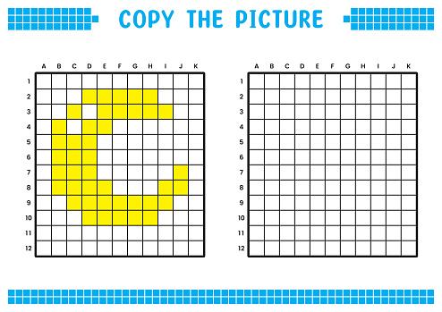 Copy the picture, complete the grid image. Educational worksheets drawing with squares, coloring cell areas. Children's preschool activities. Cartoon vector, pixel art. Crescent moon illustration.