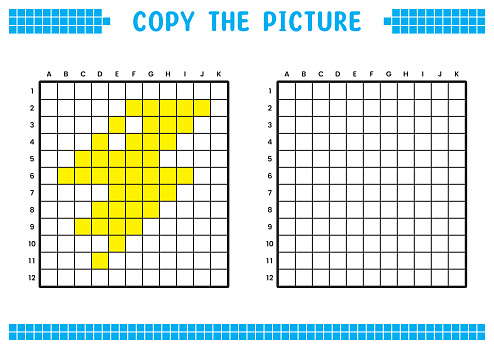 Copy the picture, complete the grid image. Educational worksheets drawing with squares, coloring cell areas. Children's preschool activities. Cartoon vector, pixel art. Yellow lightning illustration.