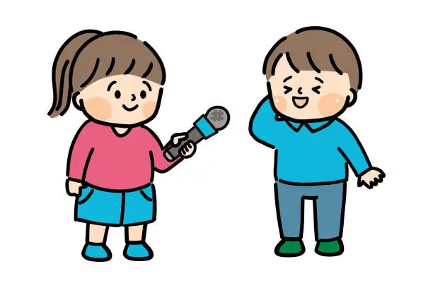 Vector illustration of Girl holding a microphone and interviewing a friend