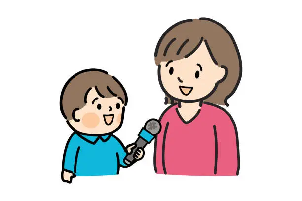 Vector illustration of Boy interviewing his mother with microphone