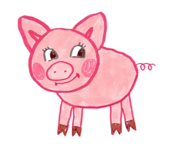 Vector illustration of Child drawing of cute pig