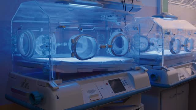 In maternity ward specialized equipment provides lifeline for premature infants nestled within protective confines of incubator for newborns. Each incubator serves as sanctuary fostering growth.