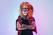 Beautiful trendy successful hipster lion with glasses with tattoo on hands in trendy casual clothes on a pink blue pastel background. Management and leader, creative idea. Boss and business, concept
