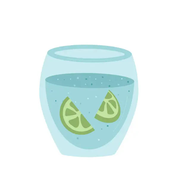 Vector illustration of Glass of still water with lime isolated on white background. Fresh clean drink. Aqua healthy summer beverage. Stay hydrated. Vector flat illustration