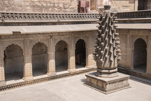 Deepmal or Deep stambh. A Historic Structure in Hindu Temple Maheshwar on the banks of Narmada river, Madhya Pradesh, India.