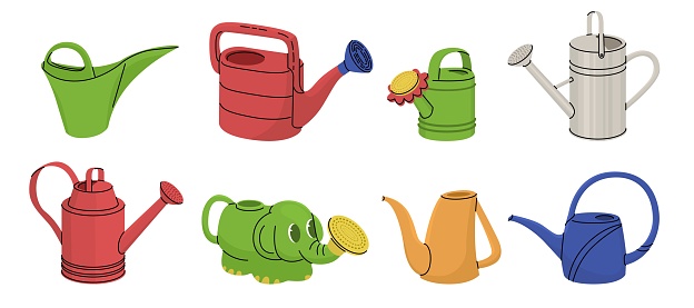 Set of eight watering cans for caring for house plants. Farming and gardening, growing flowers. Vector illustration isolated on transparent background.