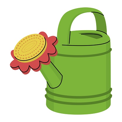 Green watering can for caring for house plants with a flower-shaped attachment. Farming and gardening, growing flowers. Vector illustration isolated on transparent background.