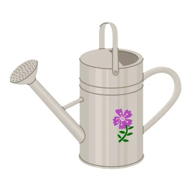 Vector illustration of Metal watering can for caring for house plants with a floral pattern. Farming and gardening, growing flowers. Vector illustration isolated on transparent background.Ð¼