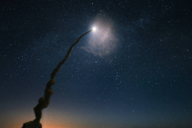 istock Spaceship rocket with a column of smoke successfully launch into the starry sky. Space shuttle rocket takes off into space. Space mission start, concept 2129791267