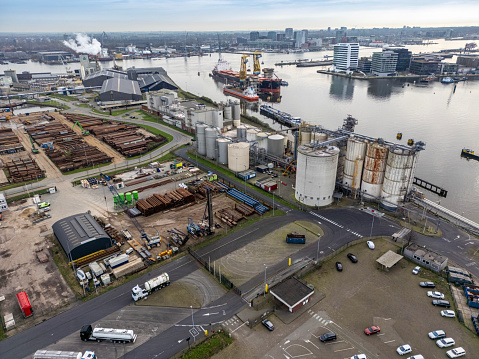 The Port of Amsterdam is the second largest port in the Netherlands. Drone point of view.