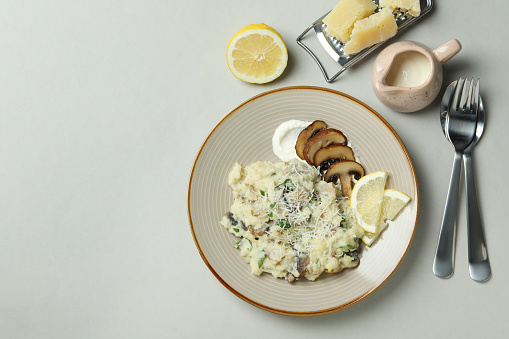 Concept of tasty food with risotto with mushrooms, space for text