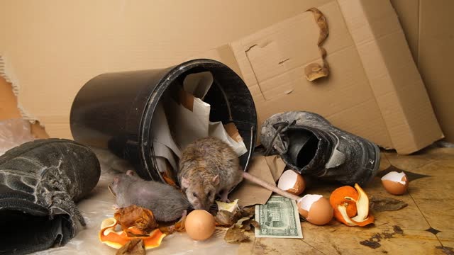 Gray rat, dollar sign, garbage can, food waste.